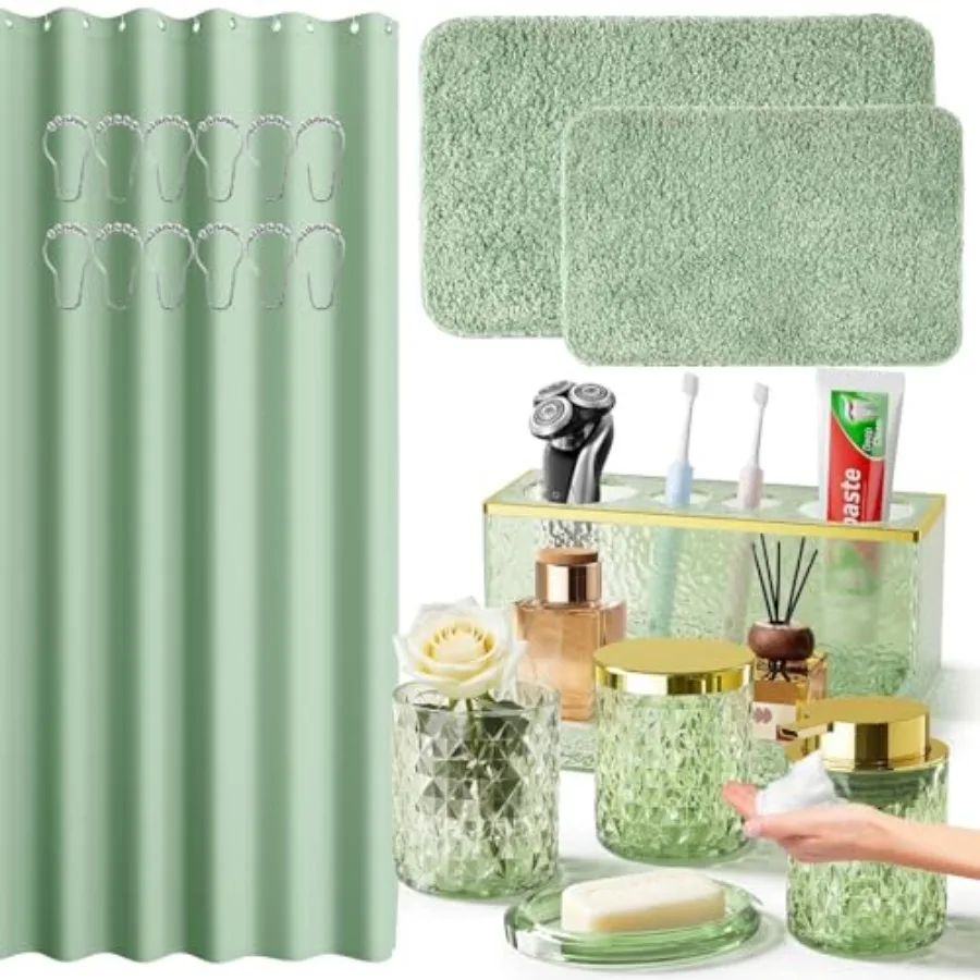 

Accessories - 20PCS Glass with Shower Curtain and Rugs, Soap Dispenser, Soap Dish, Cup, Qtip Jar, Toothbrush Holder, Stylish an