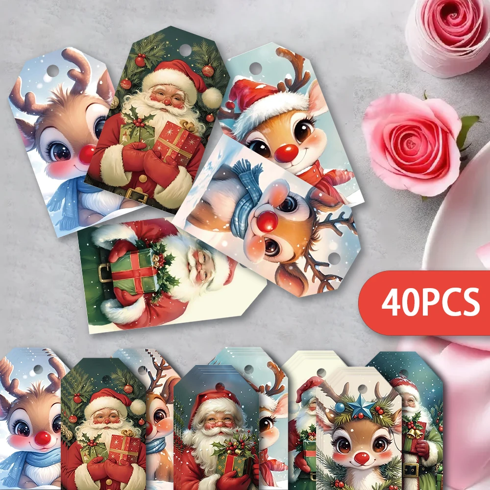 40шт, рождественские бирки, подарочные этикетки, украшения для вечеринок, сделай сам, упаковочные украшения, поздравительные открытки, праздничные открытки, джутовый шпагат