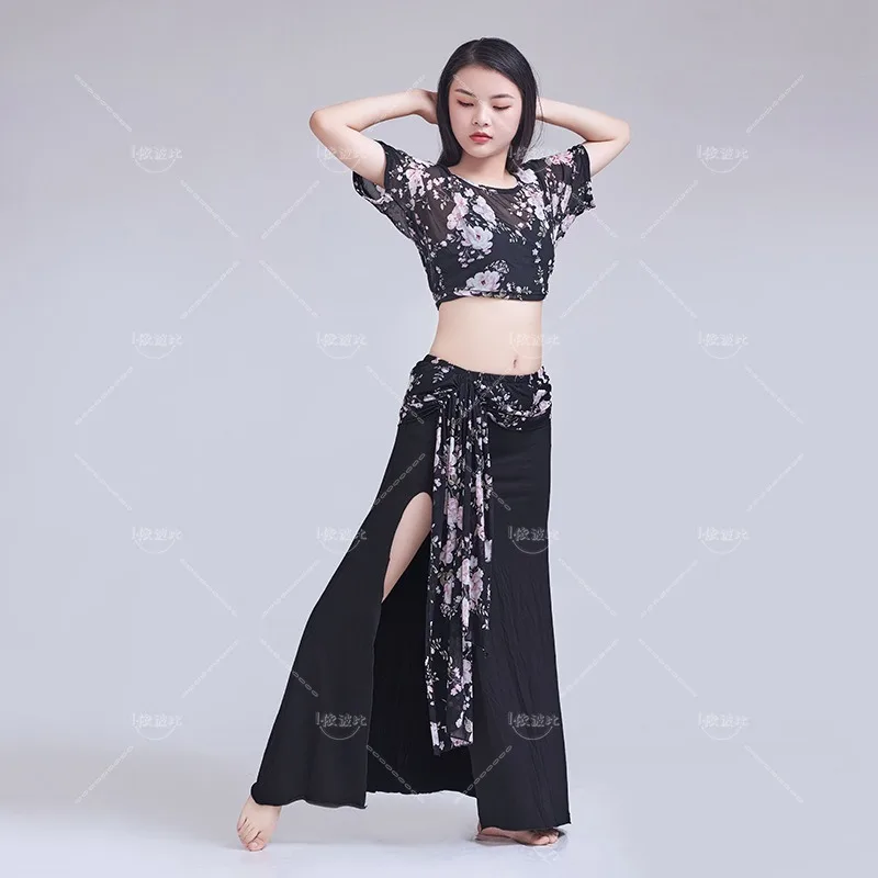 Summer belly dance practice suit, oversized slimming performance suit, Oriental dance mesh practice suit