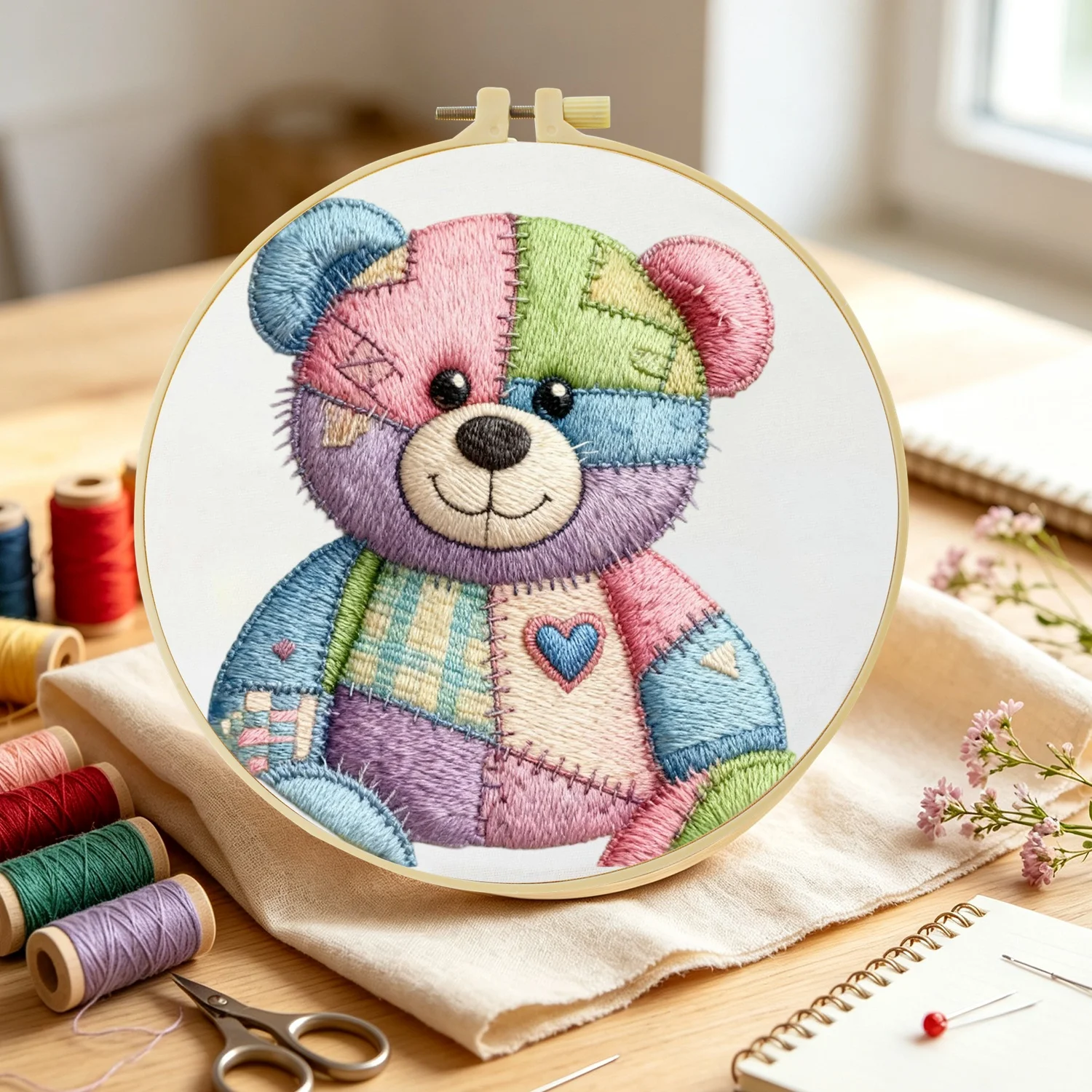 1Set Patchwork Teddy Bear Diy Embroidery Kit For Beginner Embroide Starter Kit Cross Stitch Art Gift Needlework Craft