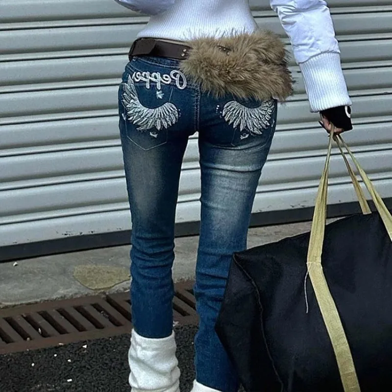 Deeptown Vintage Y2K Wings Embroidery Jeans Women Blue Punk Low Waist Skninny Jeans American Retro Gyaru Streetwear Aesthetic