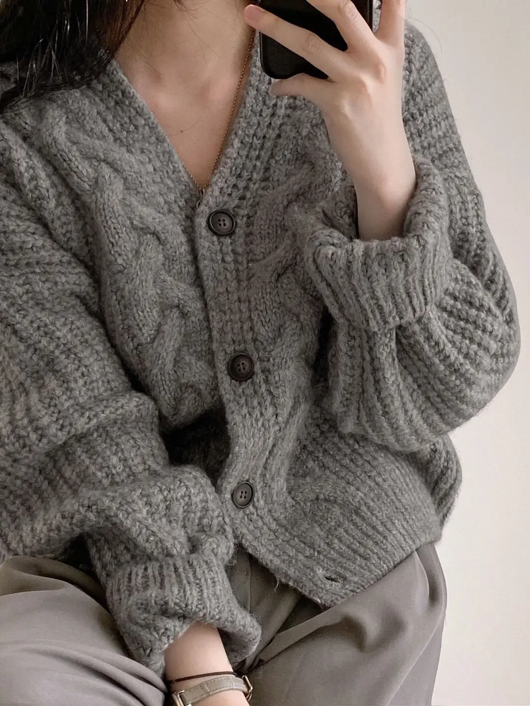 Chic V-Ne Bubble Sve suéter cárdigan abierto de punto suelto para mujer Otoño Invierno Simple Lazy Sle fibra de poliéster largo Sl...