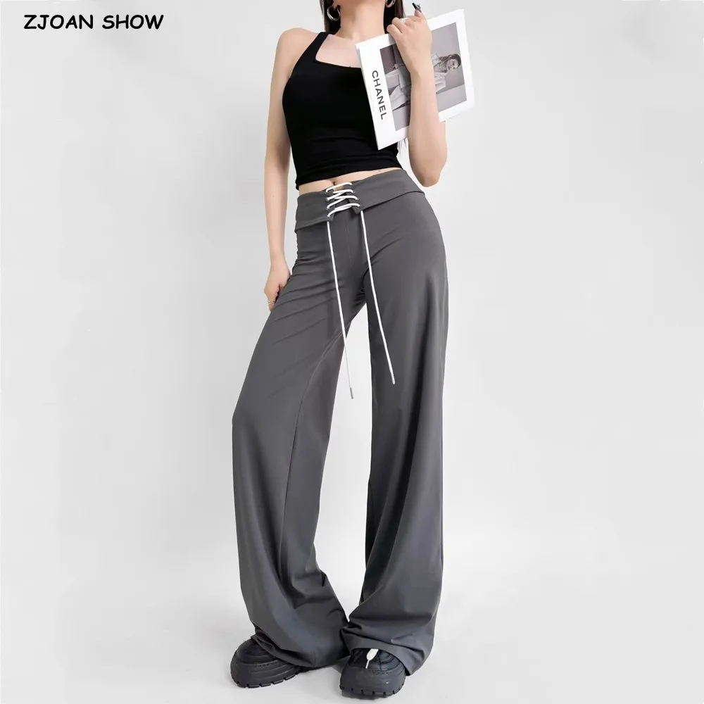

2024 American Retro Cross Lacing up Low Waist Wide Leg Pants Woman Package hips Loose Full Length Trousers Yoga Bottom Gray