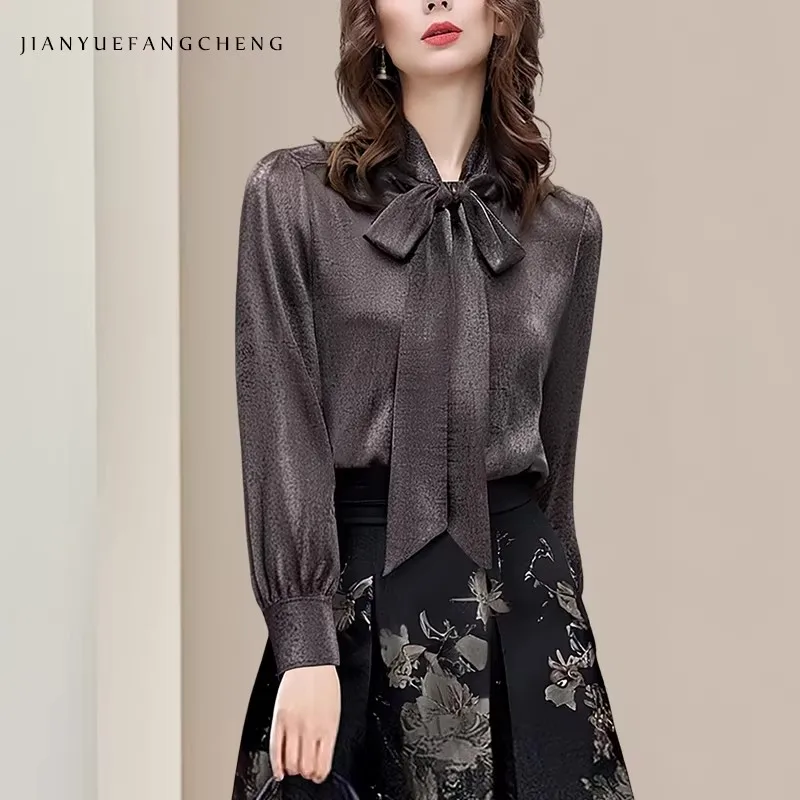 

Модный дизайн с галстуками-бабочками, женская яркая шелковая рубашка с длинным рукавом, свободный крой, повседневный осенне-зимний топ, винтажные рабочие блузки