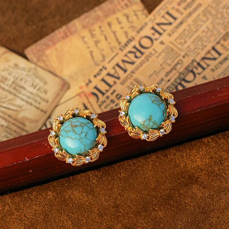 Round Turquoise Diamond Stud Earrings Niche Simple Retro Earrings 925 Sterling Silver Needle Plated 18K Gold Factory Wholesale