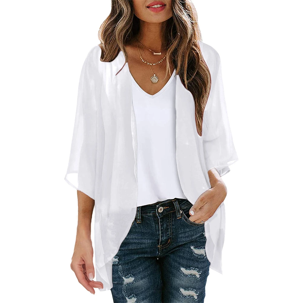 Women\'S Solid Elegant Puff Sleeve Chiffon Blouse Cardigan Loose Beach Cover Up Casual Long Sleeve Tops Summer Oversize Thin Tops