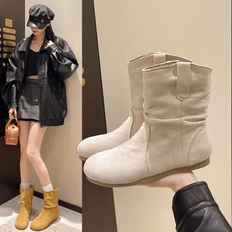 

Woman Shoes Ankle Boots Winter Elegant Comfortable Leather Retro Designer Short Barrel Flat Casual New Barefoot Booties on Sale