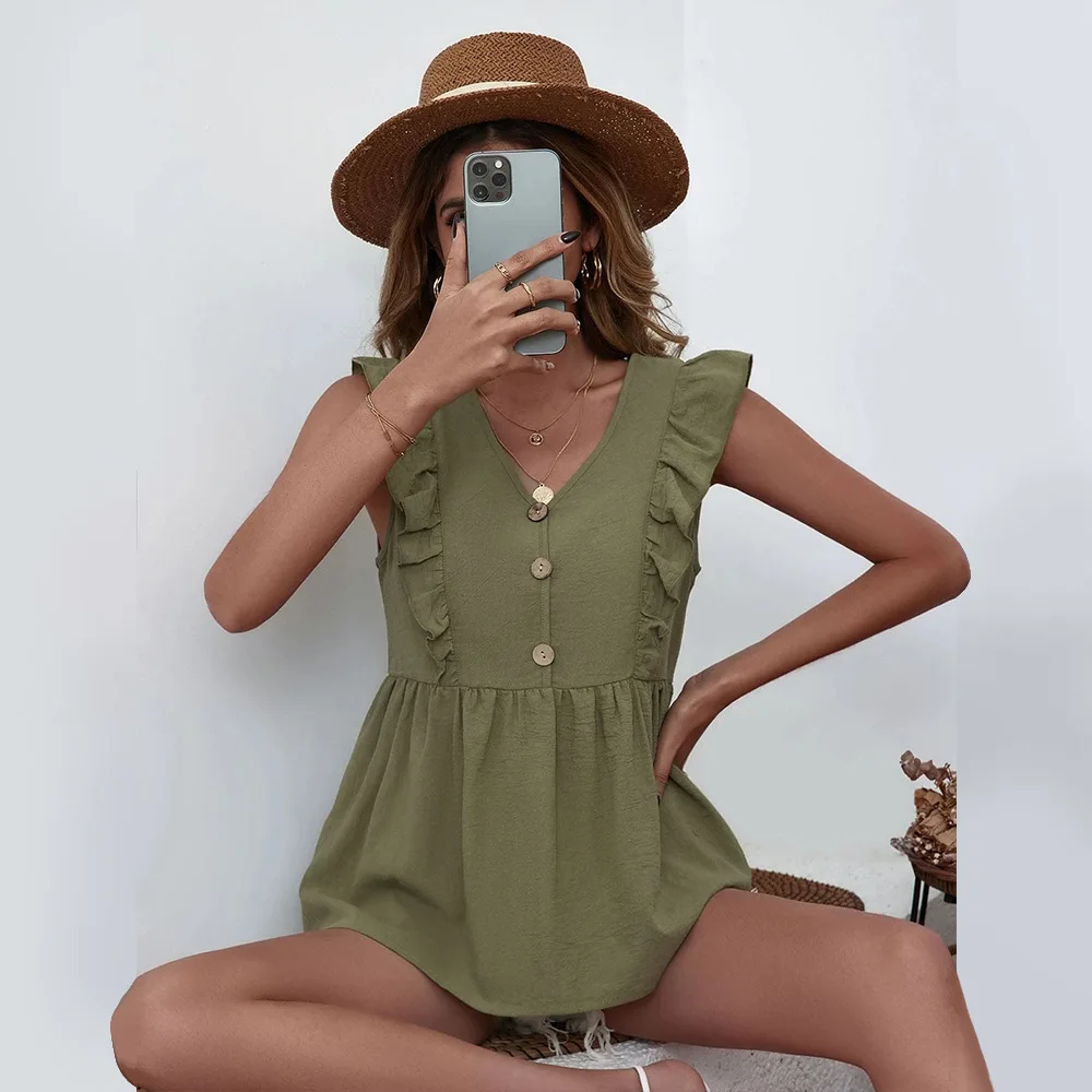 

Women's Loose Casual Ruffle V-Neck Sleeveless Lady Shirt Vest Top