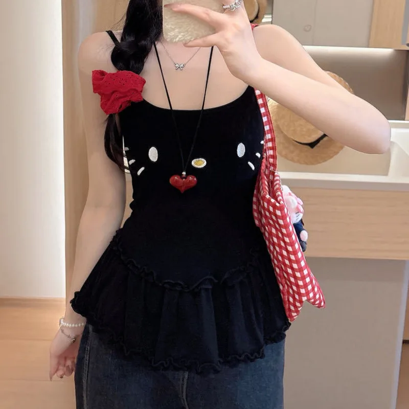 

MINISO HelloKitty Sweet Y2K платье-торт с вышивкой на бретельках для женщин, летнее мультяшное кавайное облегающее внутреннее платье с рюшами, жилет