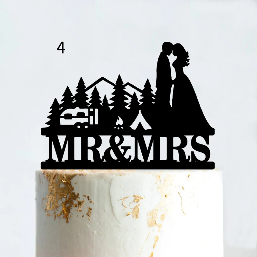 Mountain Outdoor Wedding Cake Topper Backpacking Camping Bride And Groom Hiking Travel Party Engagement Wood Acrylic Decoration