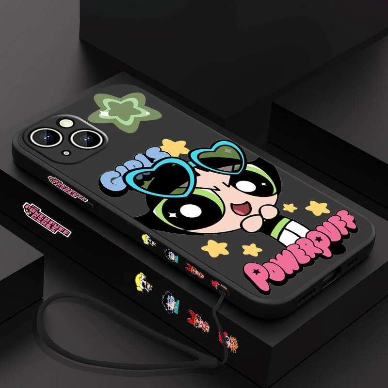 Cute Funny P-Powerpuff Girls Phone Case For Apple iPhone 15 14 13 12 11 Pro Max Plus 8 7 SE Liquid Left Rope Capa Cover