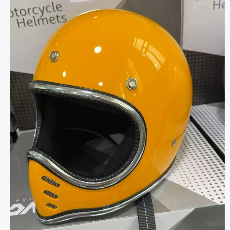 Pointed Nose Small Helmet Chrome Silver Rim Retro Motorcycle Fiberglass Helmet Four Season Full Face Helmet for Honda Casco Moto