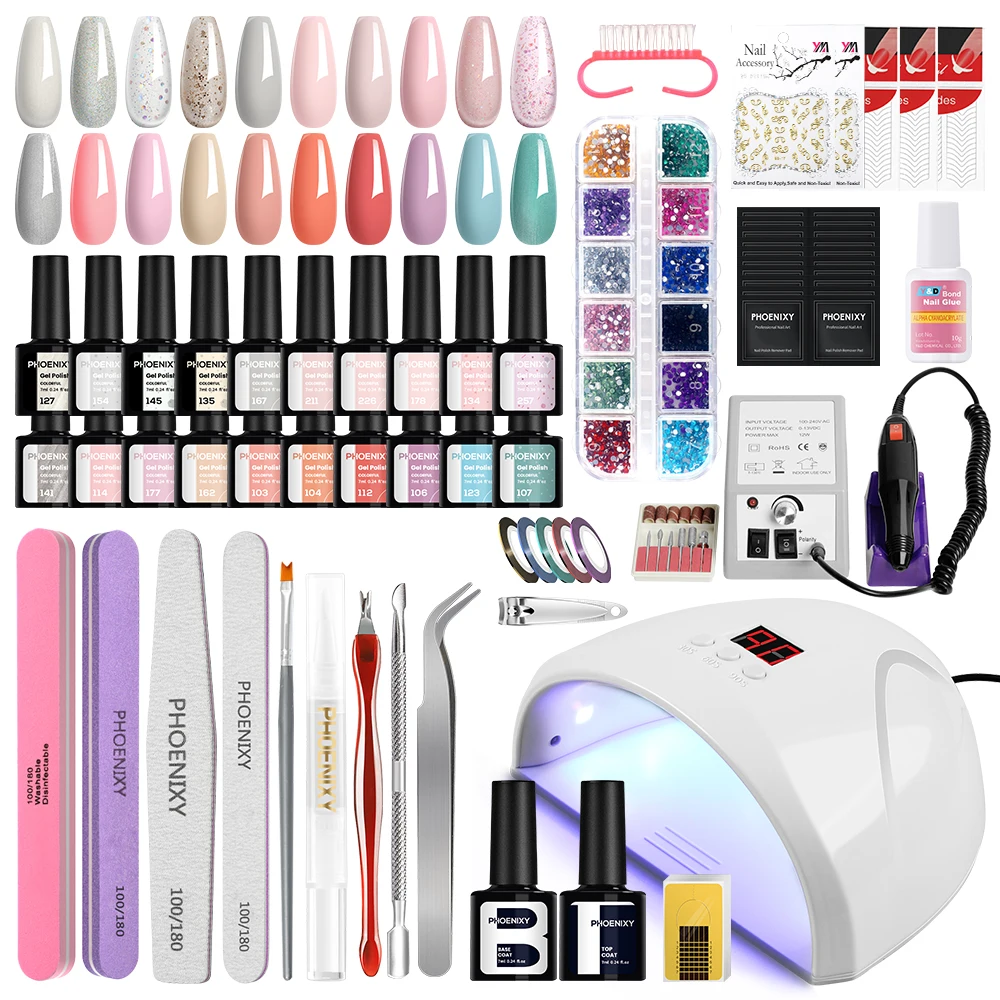 Phoenixy Gel Nail Polish Set Gel Varnish with UV LED Nail Lamp Semi Permanent UV Gel Polish Kit Nail Drill Machine Complete Set