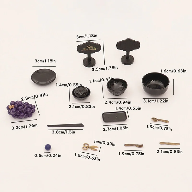 1/12 Dollhouse Miniature Black Tableware Set Bowl Plate Chopsticks Fruit Set Doll Home Restaurant Kitchen Scene Decor Toy