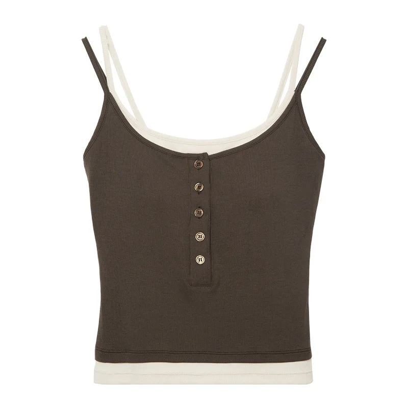 Color Block  Strap Vest Integrated Inner Wear Outerwear Sweet Style Button Splice Cotton Polyester with Chest Pad Women's...