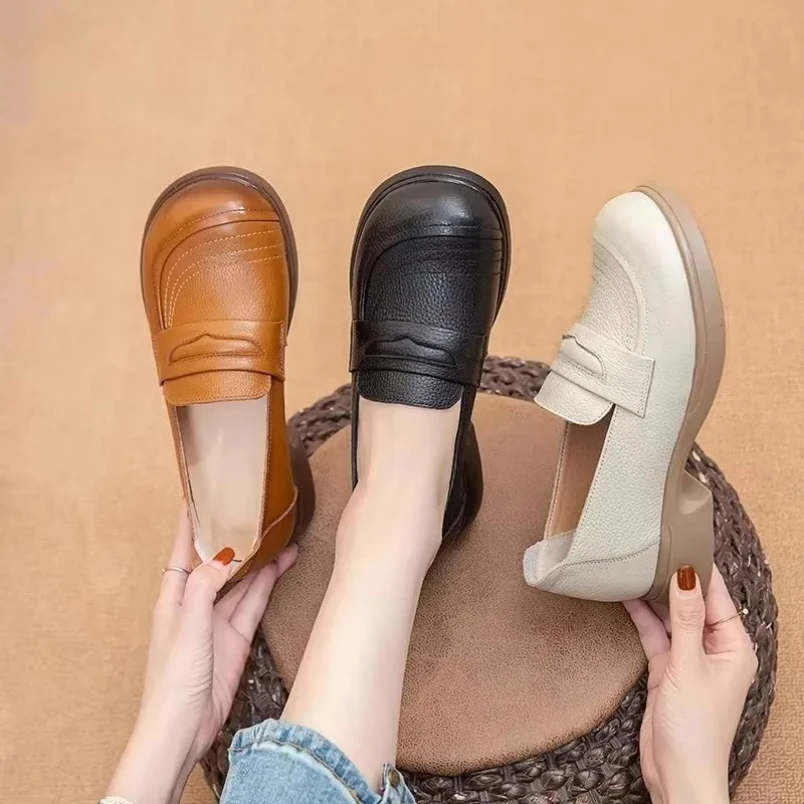 أحذية بدون كعب للسيدات موضة ربيع وخريف 2025 عالية الجودة من الجلد الطبيعي أحذية بدون كعب بكعب سميك أحذية كلاسيكية مريحة للسيدات #5