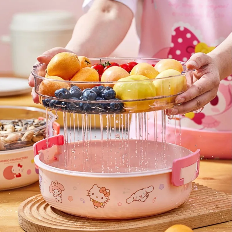 

Japanese Sanrio Cartoon Hello Kitty Double Layered Drain Basket Kawaii Melody Fruit and Vegetable Cleaning Box Snack Storage Box