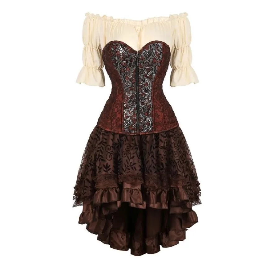 Steampunk Gothic Faux หนังรัดตัวเซ็กซี่ Bustier Top ไม่สมมาตรกระโปรงลูกไม้ดอกไม้ Renaissance เสื้อโจรสลัดชุดคอสเพลย์