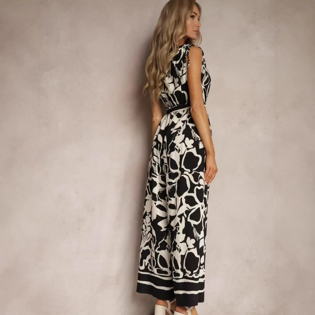 エレガントなロングジャンプスーツ レディース セクシー ワイドレッグジャンプスーツ カジュアル ノースリーブ 花柄 サマージャンプスーツ 女性用 2025年新作