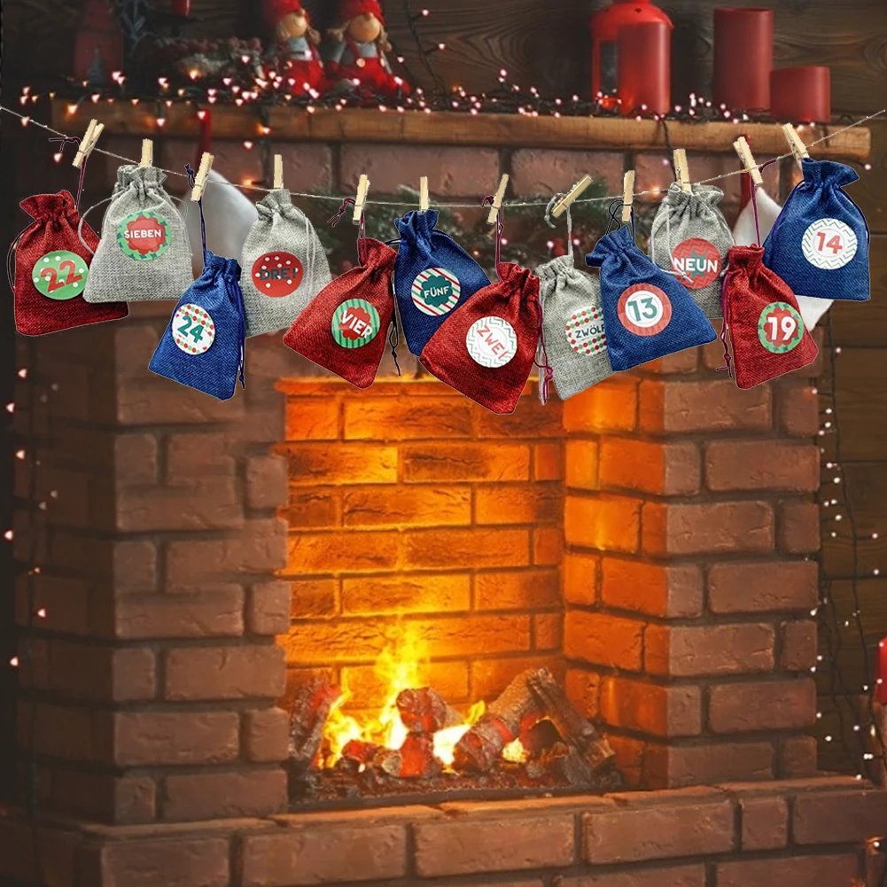 Bolsas de calendario de Navidad, bolsa con cordón de regalo de cuenta regresiva de Navidad, conjunto de bolsas de calendario de Adviento de 24 días