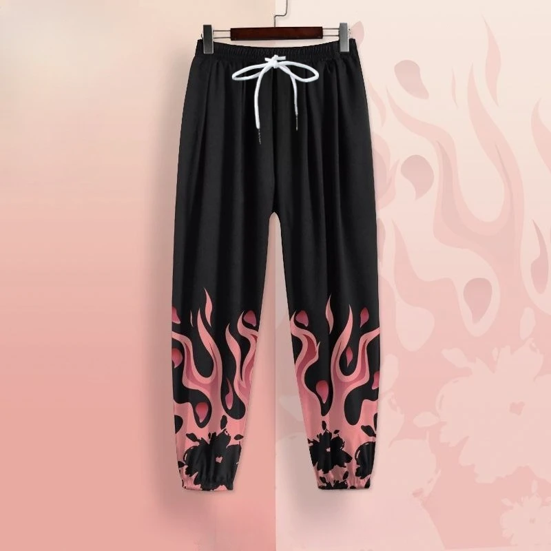 Summer Flame 3D Printed Cropped Pants for Boys, Trendy Thin Style Harun Pants, American High Street Sports Pants, Long Pants