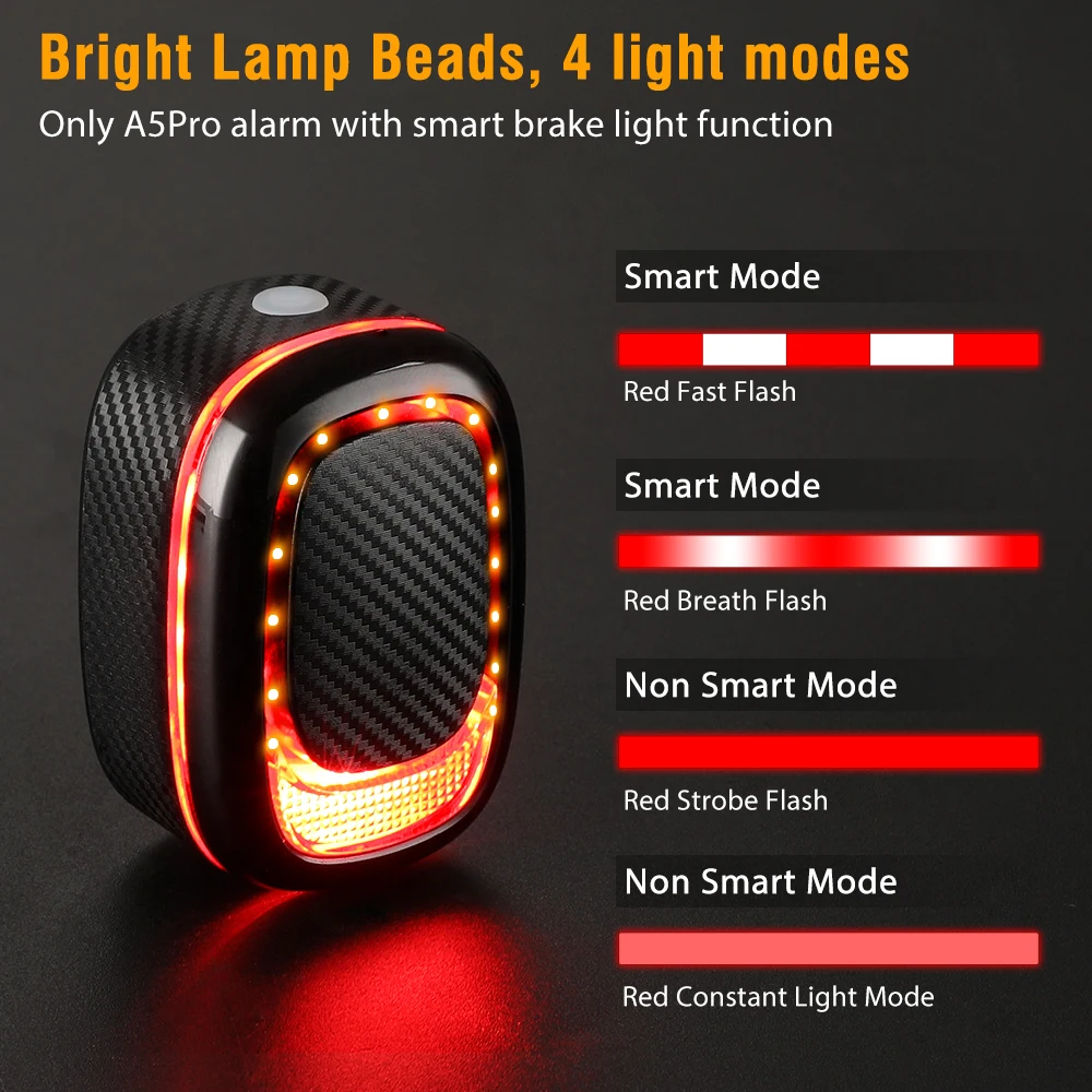 Imagem -02 - Wsdcam Inteligente Bicicleta Alarme Lanterna Traseira com Luz de Freio Usb Recarregável Luz Traseira para Noite Equitação Ipx5 à Prova Impermeável Água