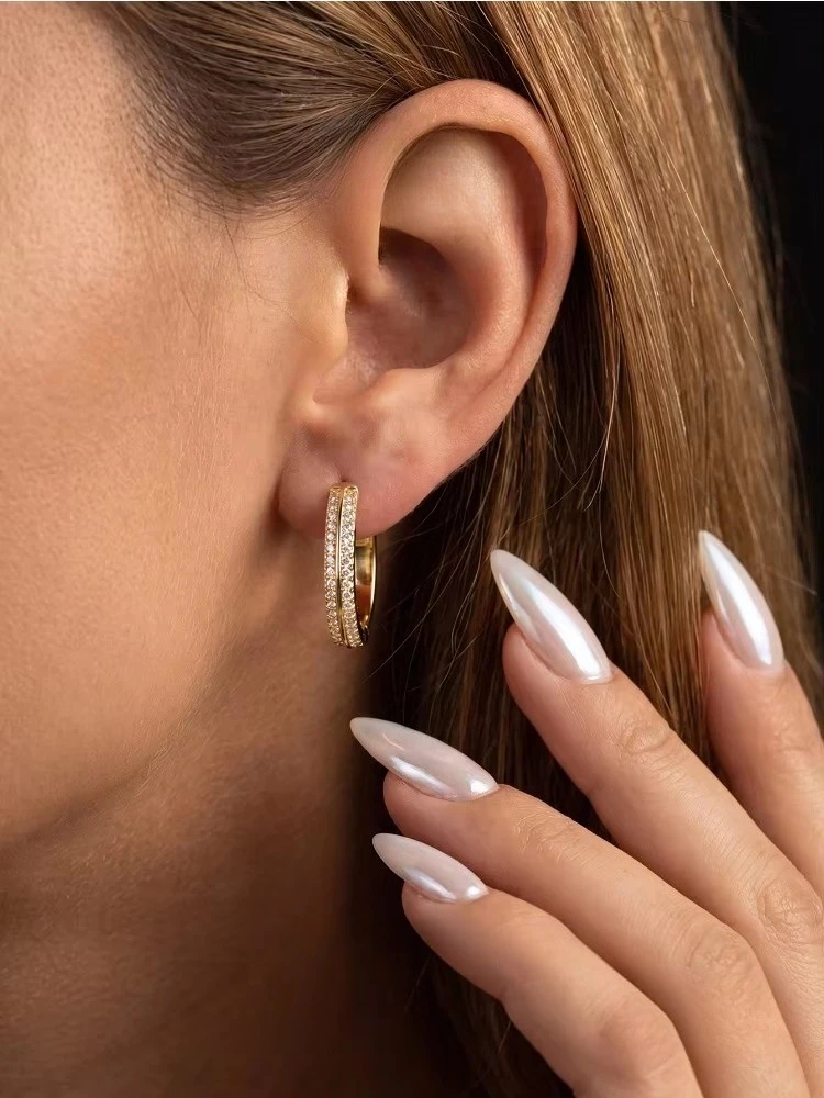 Echte Doppel-Moissanit-Diamant-Runde Funkelnde Creolen Geeignet für den Täglichen Gebrauch bei Frauen Hochwertiger Schmuck – Detail 4