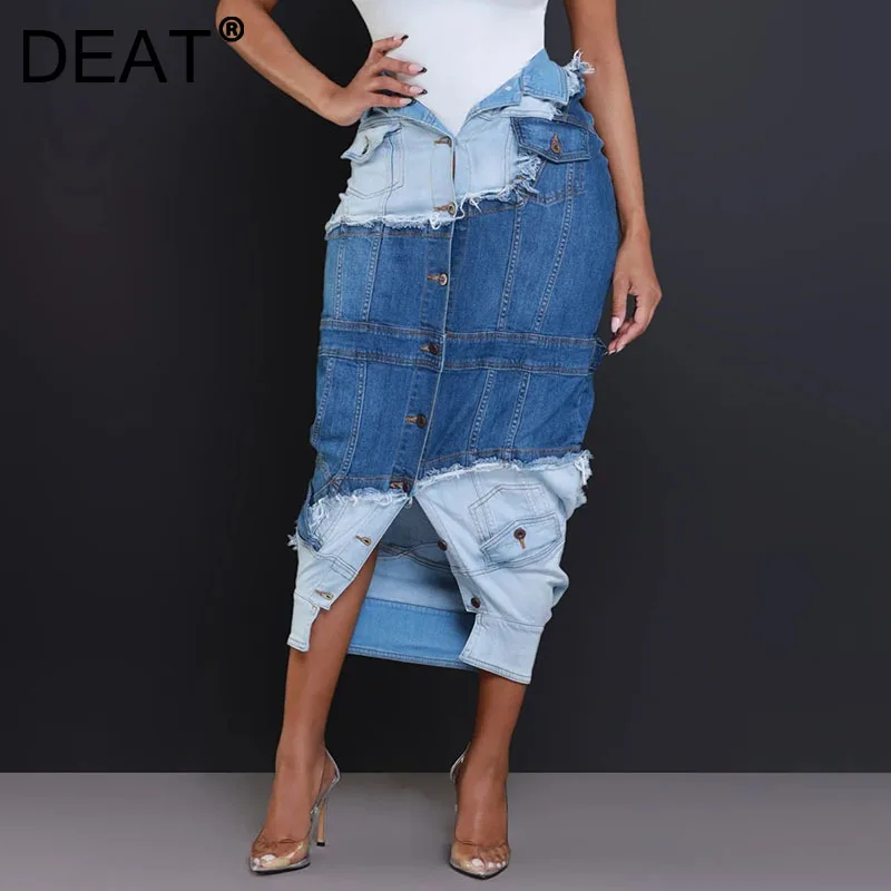 DEAT Women's Fashion Denim Patchwork High Waist Contrast Color Skirts Trendy Single Breasted Skirt 2025 Spring New 33A2405