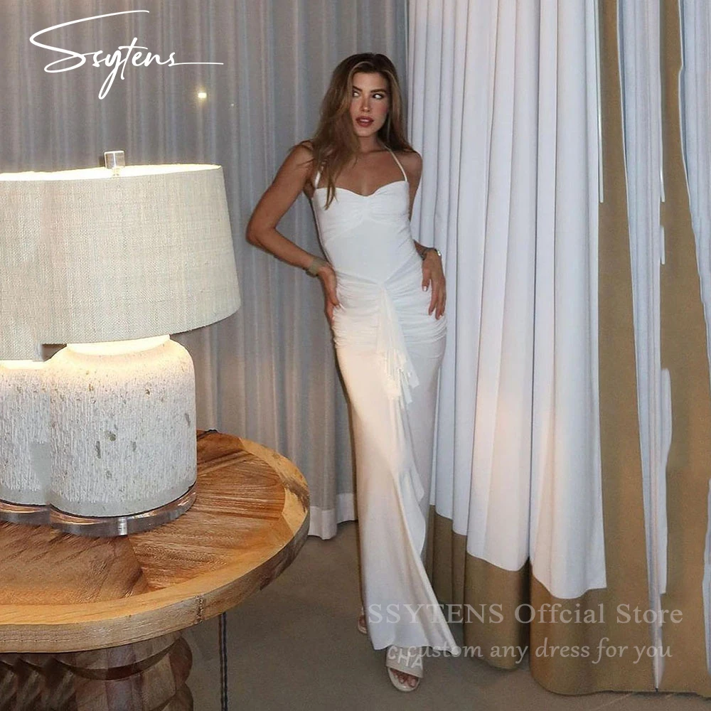 Robe de Soirée Blanche Simple à Plis et Col Licou pour Mariée, Tenue Sexy et Personnalisée pour Occasions Civiles