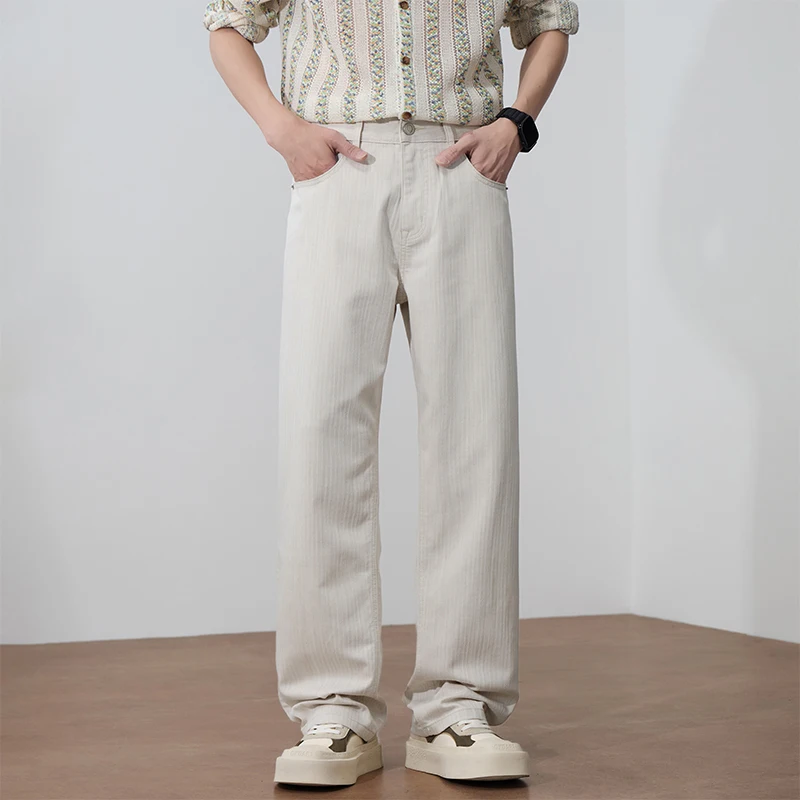 Spring Lyocell Jeans Men Clean Fit Loose Straight Apricot Jeans Vertical Stripe Texture Casual Denim Pants Japanese Style
