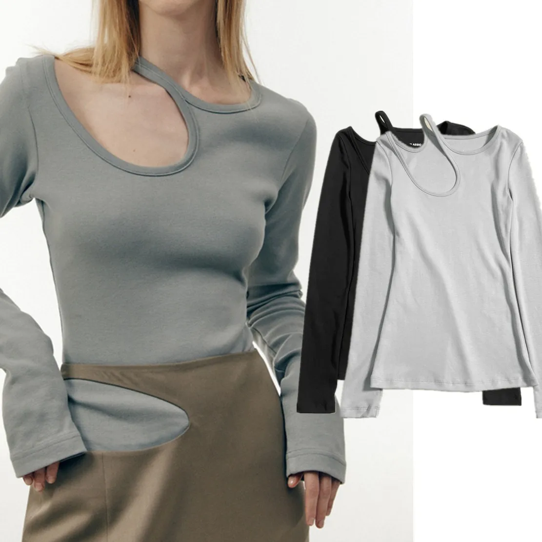 

Jenny&DaveCotton Long Sleeved T-shirt For Women Casual Commuting Shoulder Cut Design Sexy Knitted Top Spring Summer Tshirts Lady