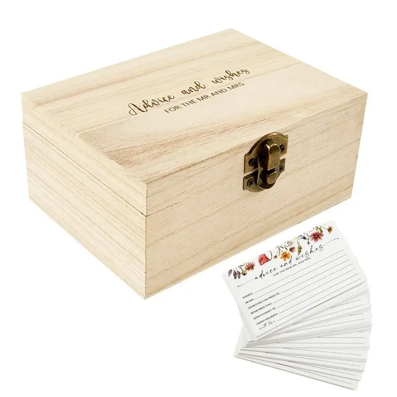 BNVN-Wooden Storage Box With Metal Lock For Home Party Decor 50 Card Postcard Organizer Wedding Advice Cards