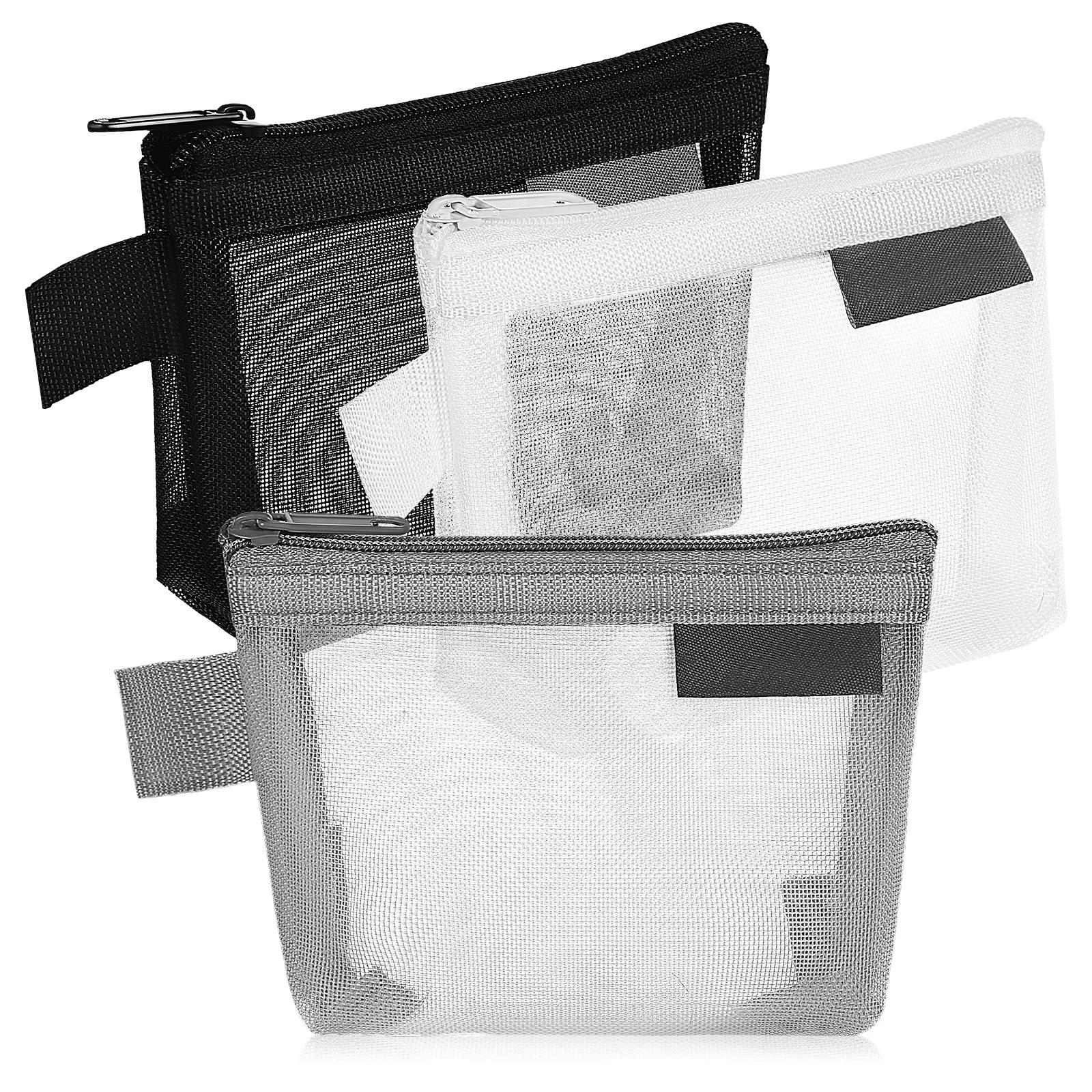 

3pcs Coin Purse Small Nylon Mesh Pouches Black White Gray Lightweight Portable Secure Zipper Wallet Storage Bag