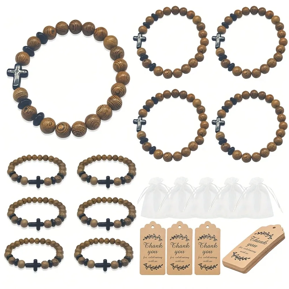 6/12 Sets de Llaveros de Madera con Cuentas Cruzadas de Wenge y Bolsa para Tarjetas - Pequeños Regalos para Bautizo, Comunión, Boda, Recuerdos de Boda para Invitados