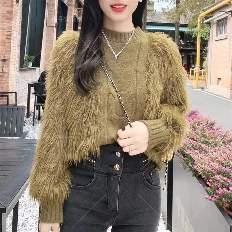 Long Sleeve Mid-Length Knitwear Autumn Winter New Arrival Elegant Commu Fashionable Patchwork Plush Sweater Women's Loose Fit