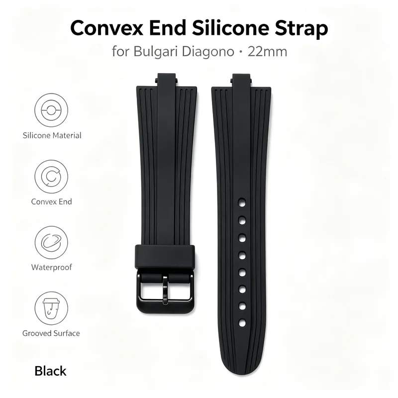 22mm Convex End Silicone Strap for Bulgari Diagono Series Black Waterproof Grooved Pin Buckle Men Sports Replacement Watch Band