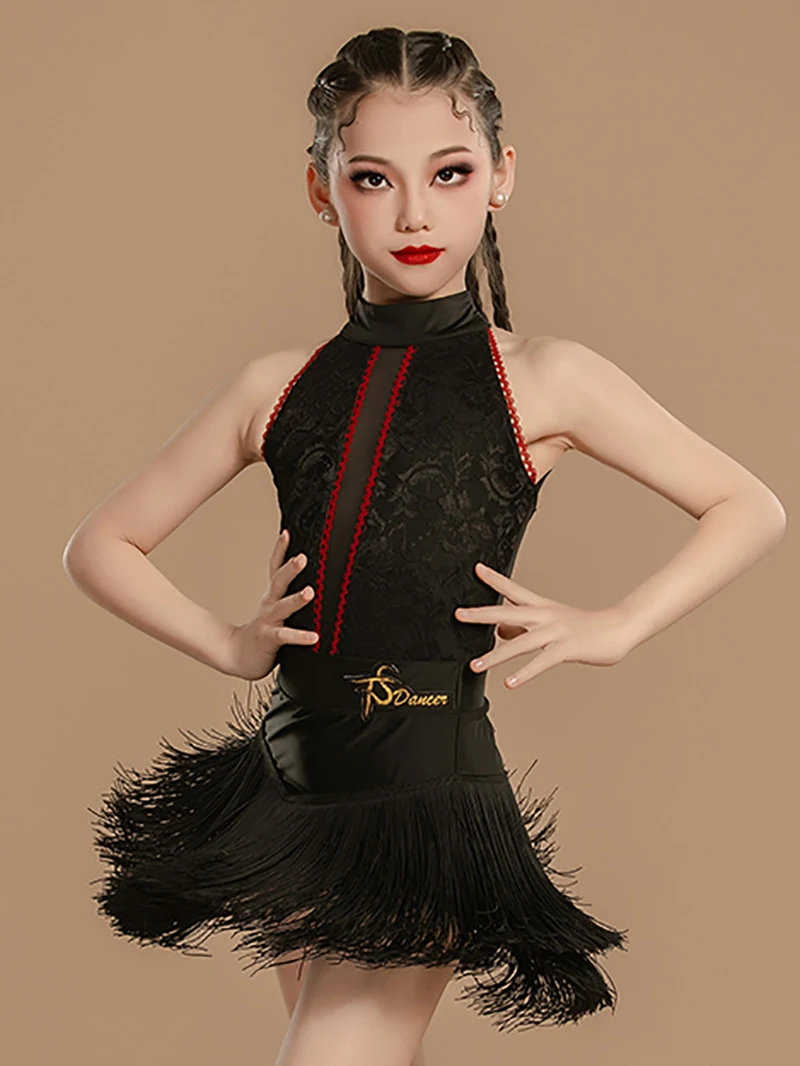 

Kids Girls Black Halter Backless Latin Dance Costume Bodysuit and Tassels Skirts Ballroom Dancewear Children Training Set