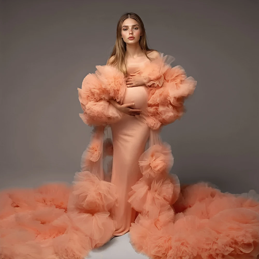 Custom Mermaid Maternity Photoshoot Dress with Handmade 3D Flower Tulle Jacket and Stretchy Inner Pregnancy Outfit YW2603091D