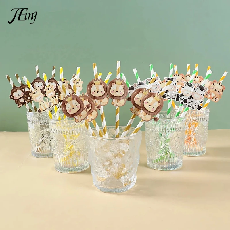 6pcs Animal Paper Drinking Straw LIon Tiger Jungle Birthday Party Forset Safari Party Supplies Kids Wild One Birthday Decoration