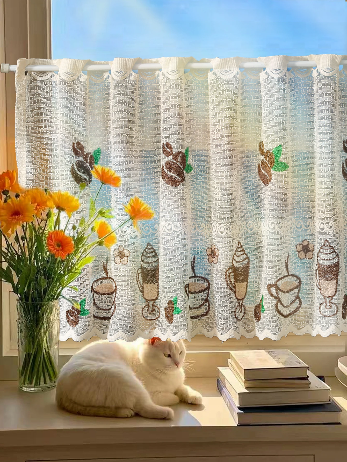 Coffee Cup Embroidery Lace Short Curtain, Living Room Kitchen Cabinet Covering Partition Curtain Tulle Small Curtains
