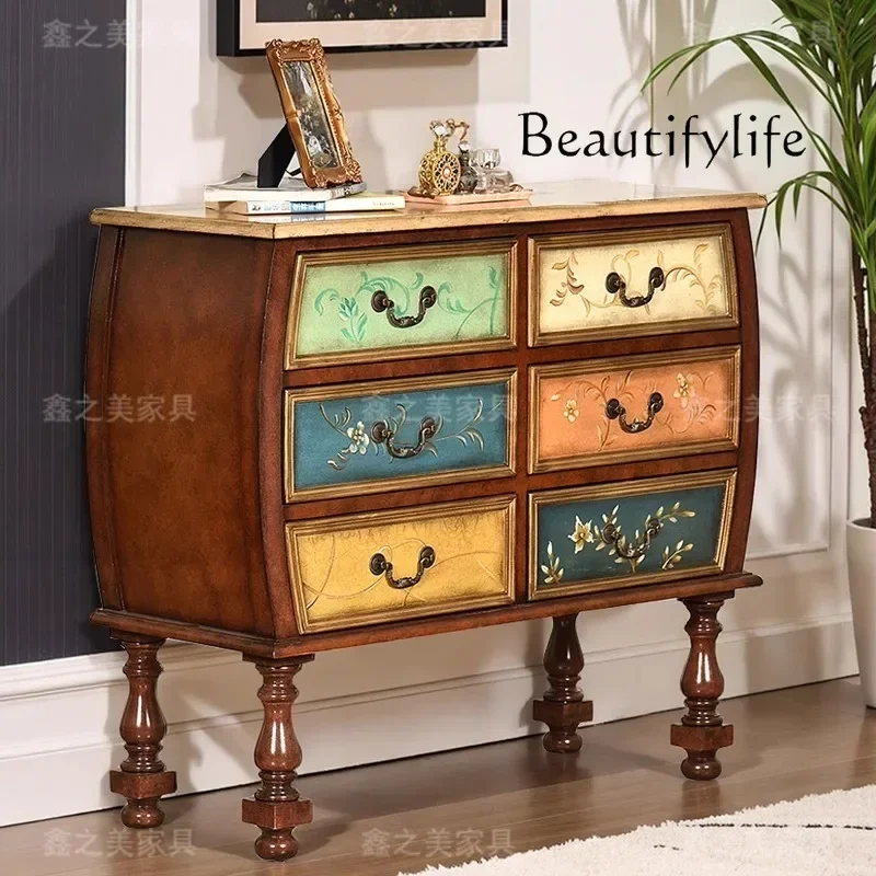 

American rural solid wood dining side cabinet pastoral painted storage six-bucket cabinet home sofa partition side cabinet