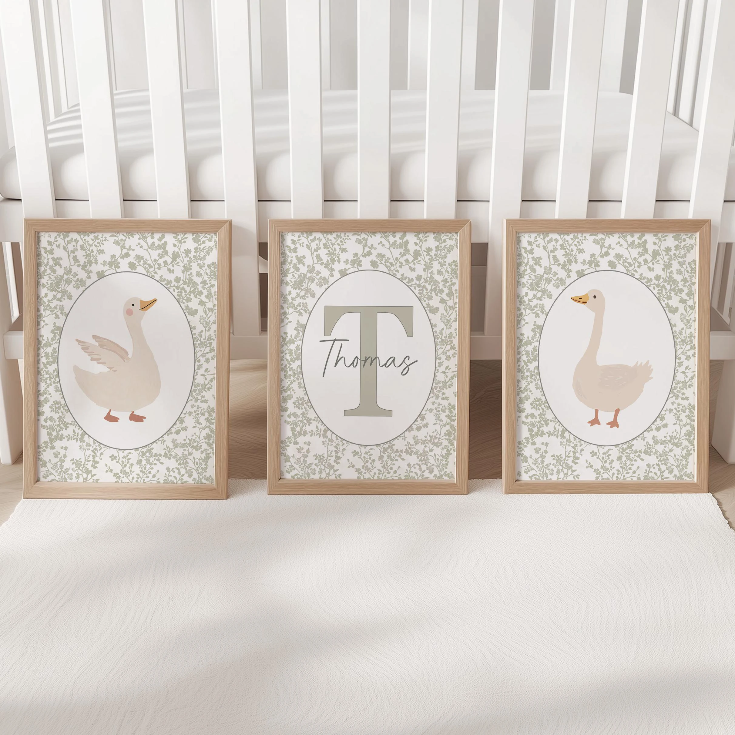 Goose Personalised Set of 3 Prints Vintage Tolie Custom Name Poster Sage Green Decor Framed Wall Art Gift for Nursery Bedroom