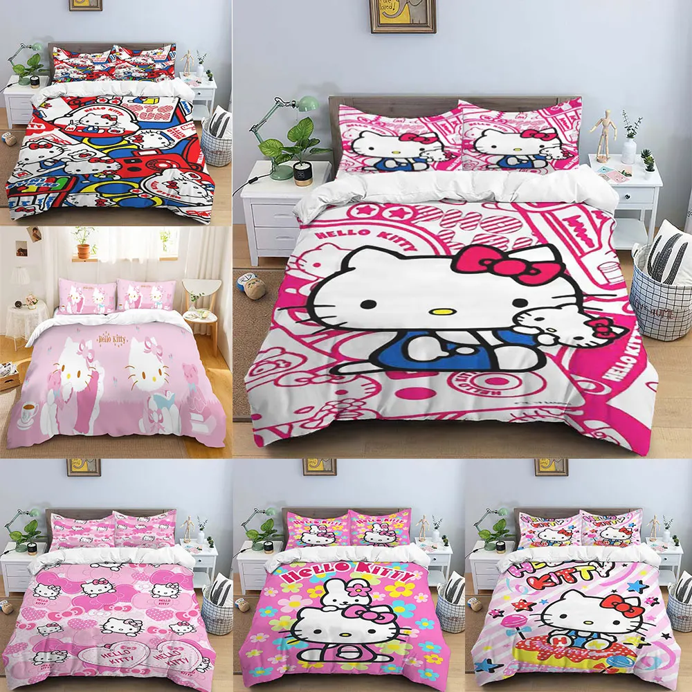 Sanrio Hello Kitty Bedding Sets Cute Quilt Cover Bed Cover Duvet Cover Pillow Case 2-3 Pieces Sets Children Adult Bedroom Decor