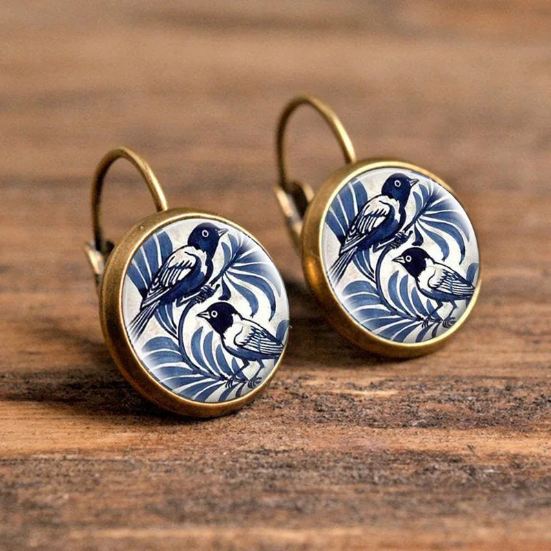 Vintage Blue Magpie Bird Earrings Retro Round Antique Bronze Glass Dome Earrings For Women