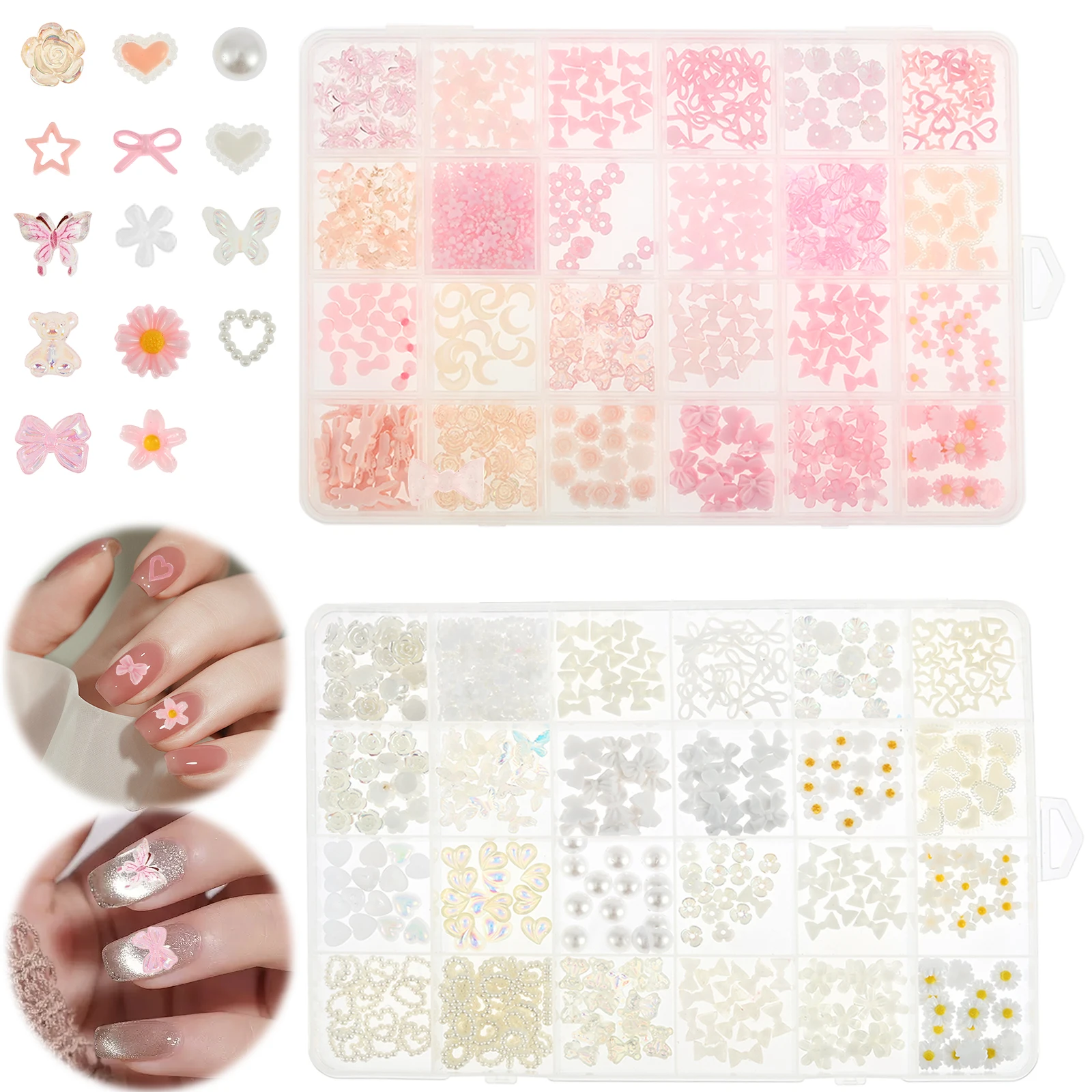 

Розово-белые 3D-украшения для ногтей в форме банта и сердца, стразы из смолы, жемчужные цветочные украшения, аксессуары для маникюра