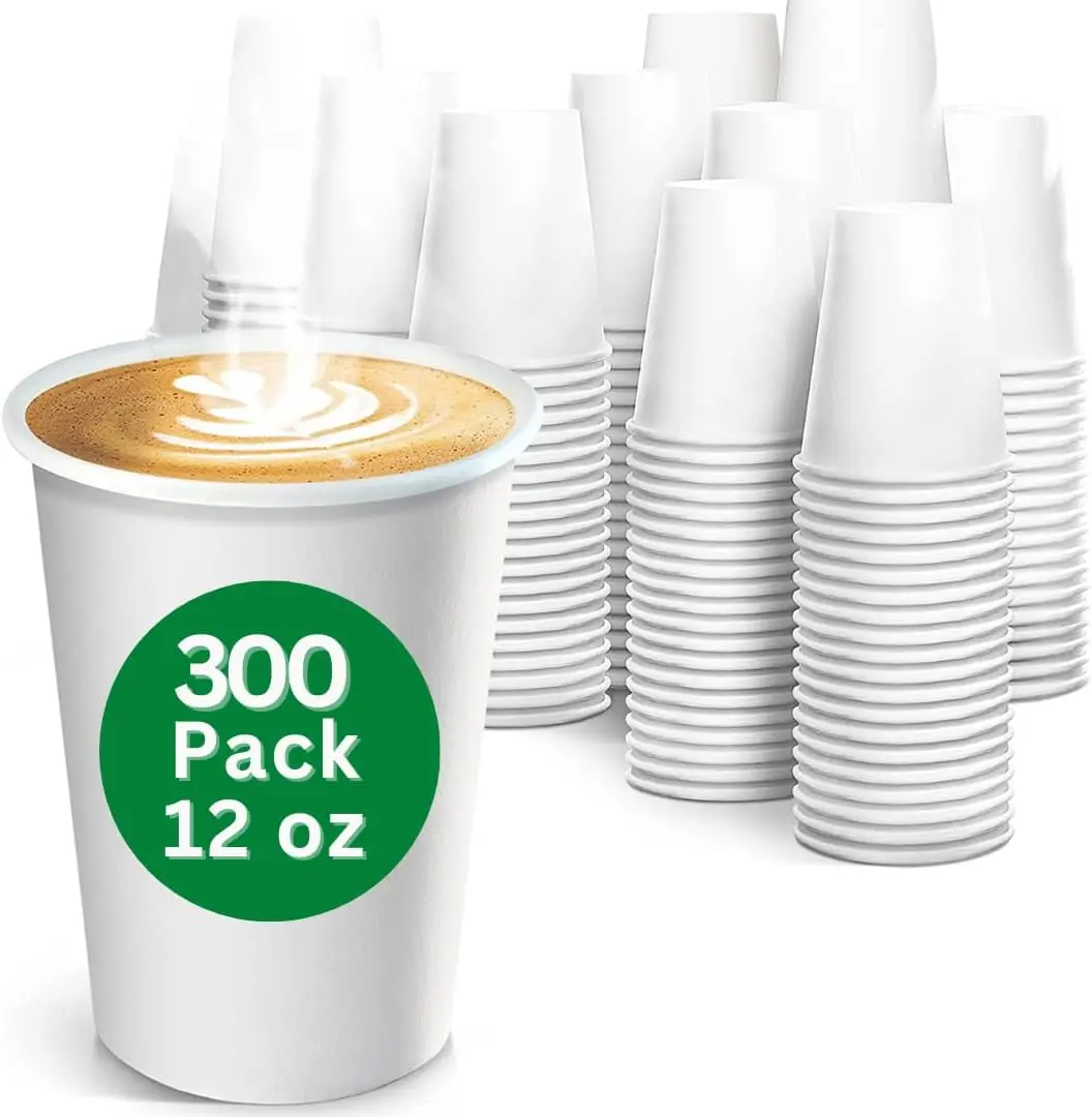 

12 oz - 300 Pack White Paper 350gsm hot Cups l Disposable Coffee Cups l Thick Heavy Duty Cups