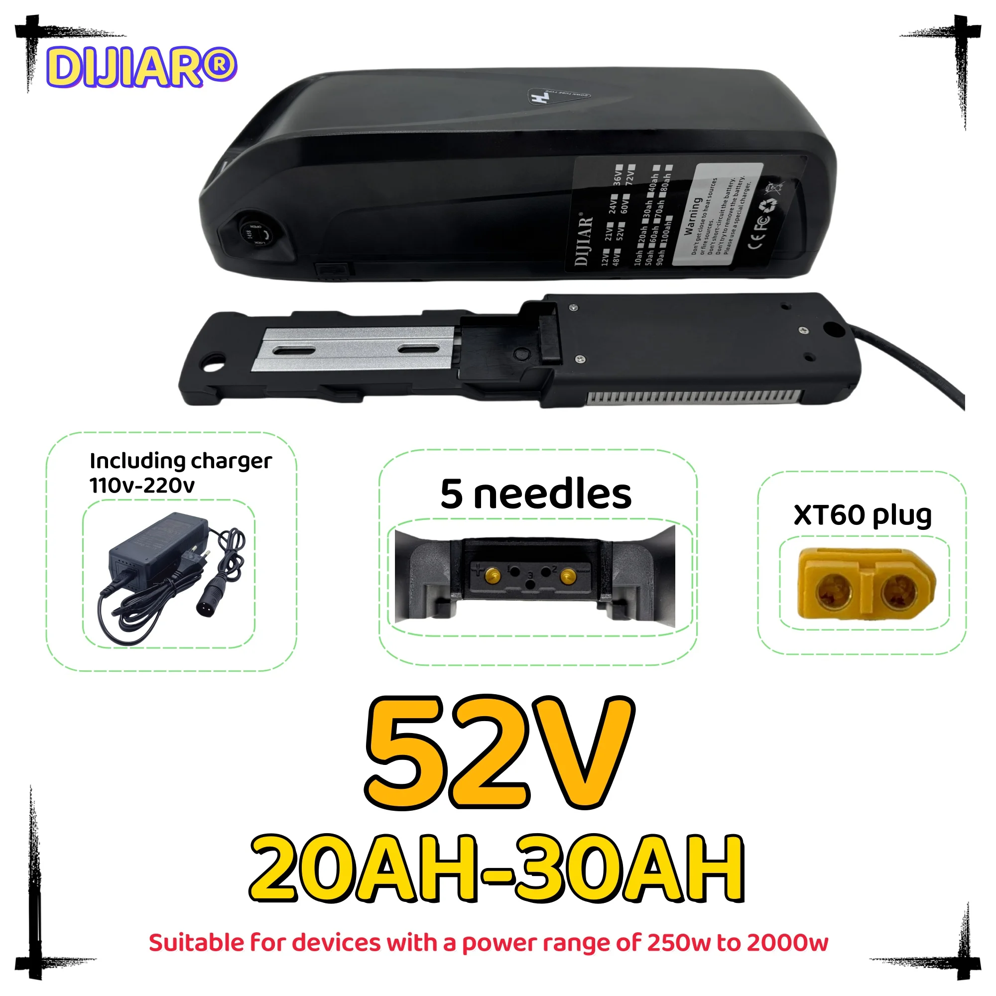 52V-30AH 5-pin 18650 lithium-ion battery Hailong mountain bike, built-in BMS protection, discharge XT60, application 250-2000W