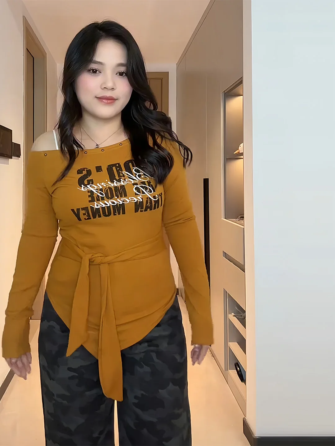 

plus Size Women's Casual Long Sve T-irt Slimming Waist Design Base irt Top Printed Letter Sle for Early Autumn