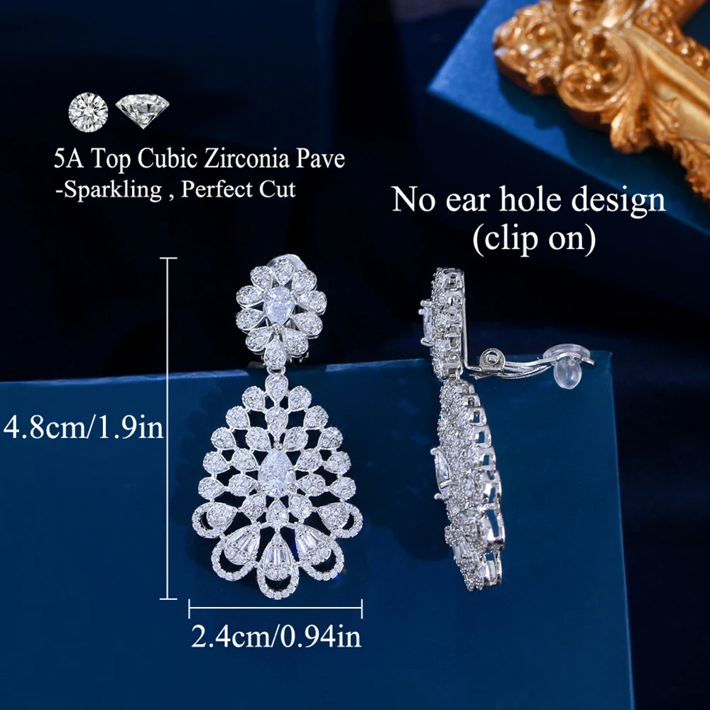 BeaQueen Elegant CZ Crystal Cluster Flower No Hole Ear Clip On Earrings for Women Without Piercing Engagement Party Jewelry E708