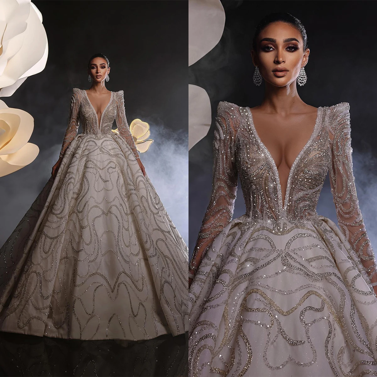 Robe de Mariée en Dentelle à Paillettes, Magnifique Tenue de Bal, Col en V Profond, Appliques, sur Mesure, Manches sulf, Traîne